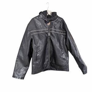 Arizona Jean Company Faux Leather Moto Jacket XL Black Hooded Biker Coat Y2K